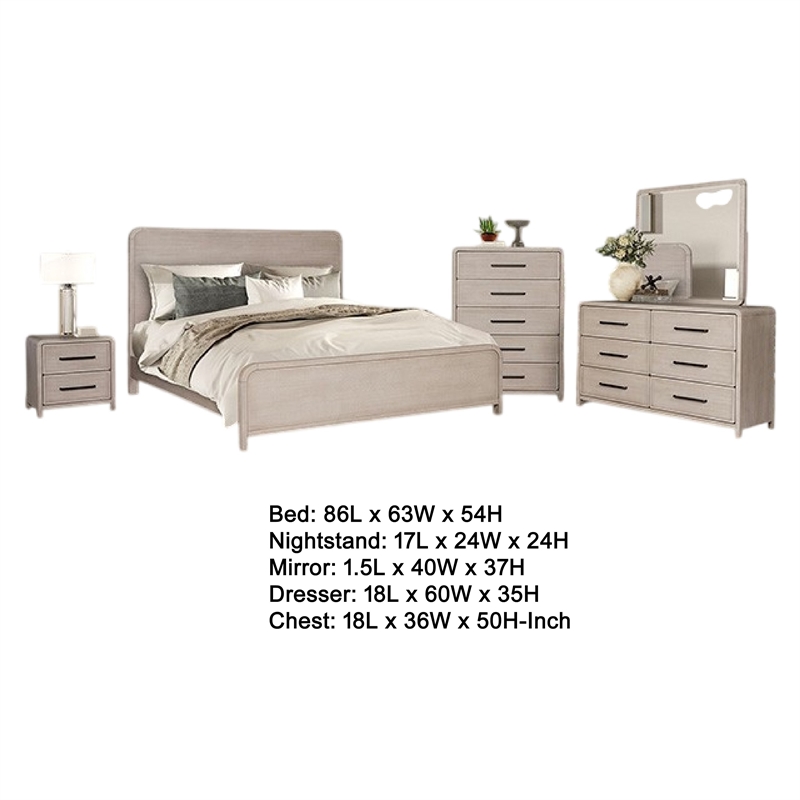 Benjara Giva 5pc Queen Bedroom Set- Nightstand- Tall Chest- Natural Oak Beige