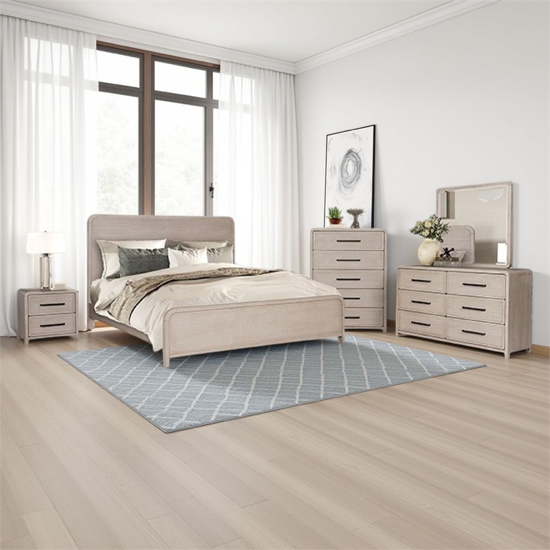 Benjara Giva 5pc Queen Bedroom Set- Nightstand- Tall Chest- Natural Oak Beige