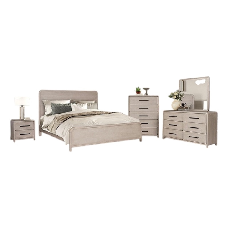 Benjara Giva 5pc Queen Bedroom Set- Nightstand- Tall Chest- Natural Oak Beige