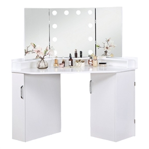 Benjara Laura Vanity Desk Set- 3 Panel Mirror- 10 Light Bulbs White Solid Wood