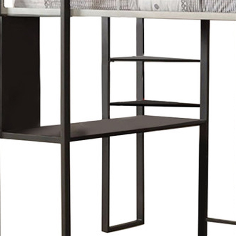 Benjara Full Size Metal Bunk Bed With Workstation- Black and Silver