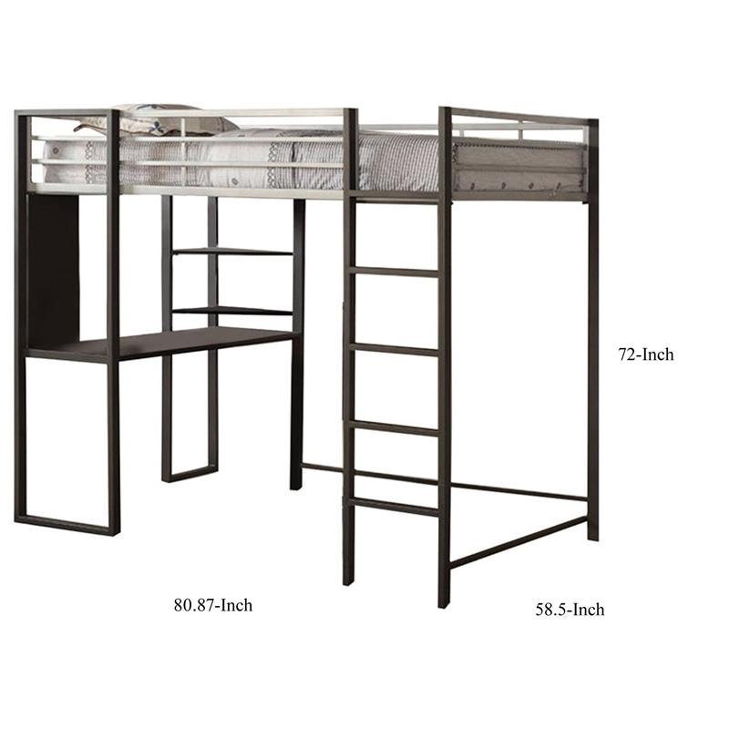 Benjara Full Size Metal Bunk Bed With Workstation- Black and Silver