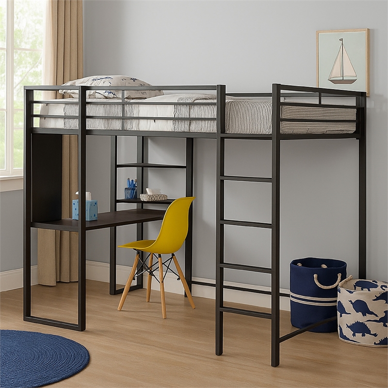 Benjara Full Size Metal Bunk Bed With Workstation- Black and Silver
