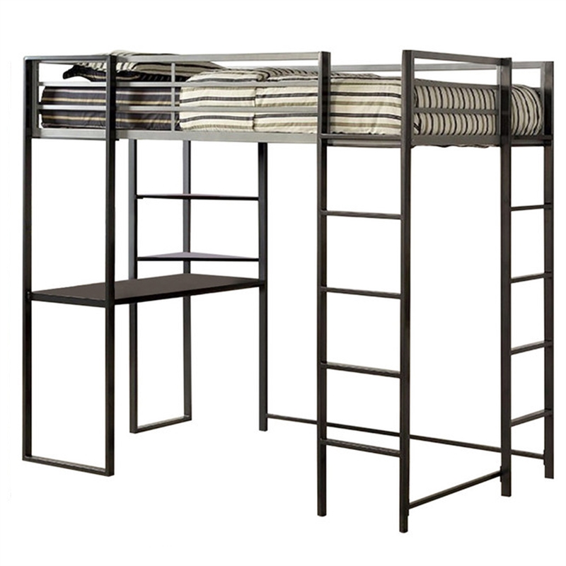Benjara Metal Twin Size Bed With Work Station- Black
