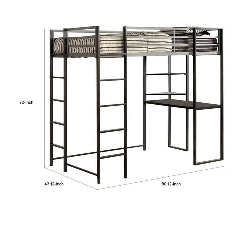 Benjara Metal Twin Size Bed With Work Station- Black