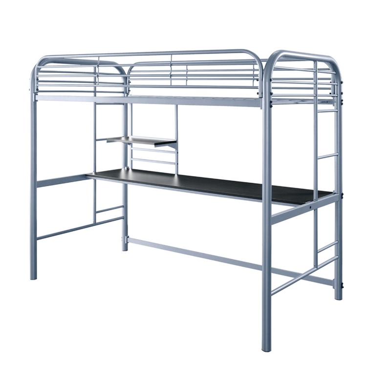 Benjara Metal Frame Twin Size Loft Bed with 2 Attached Ladders- Silver