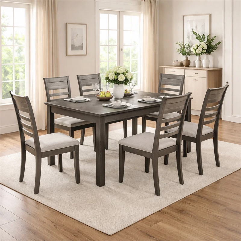 Benjara Taylah Transitional Style Seven Piece Gray Dining Set