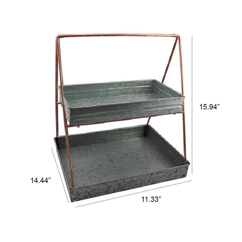Benjara Galvanized Metal 2 Tiered Rectangular Serving Tray- Gray