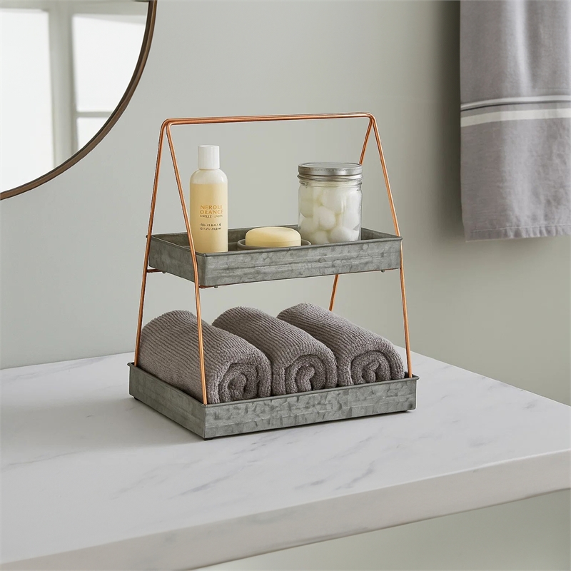 Benjara Galvanized Metal 2 Tiered Rectangular Serving Tray- Gray