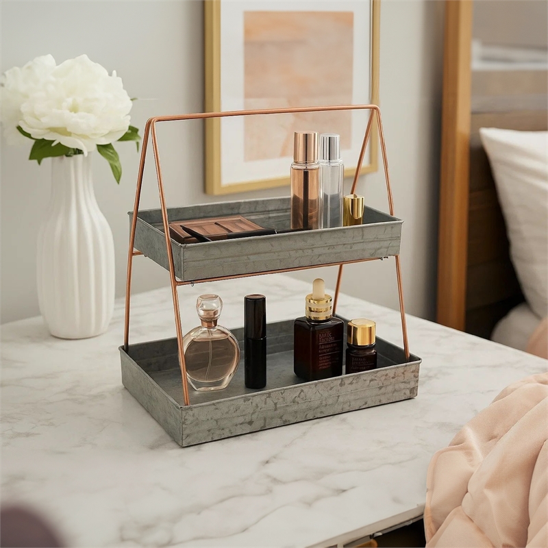 Benjara Galvanized Metal 2 Tiered Rectangular Serving Tray- Gray