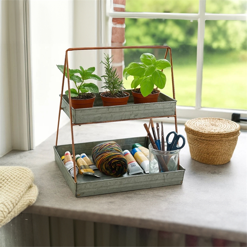 Benjara Galvanized Metal 2 Tiered Rectangular Serving Tray- Gray