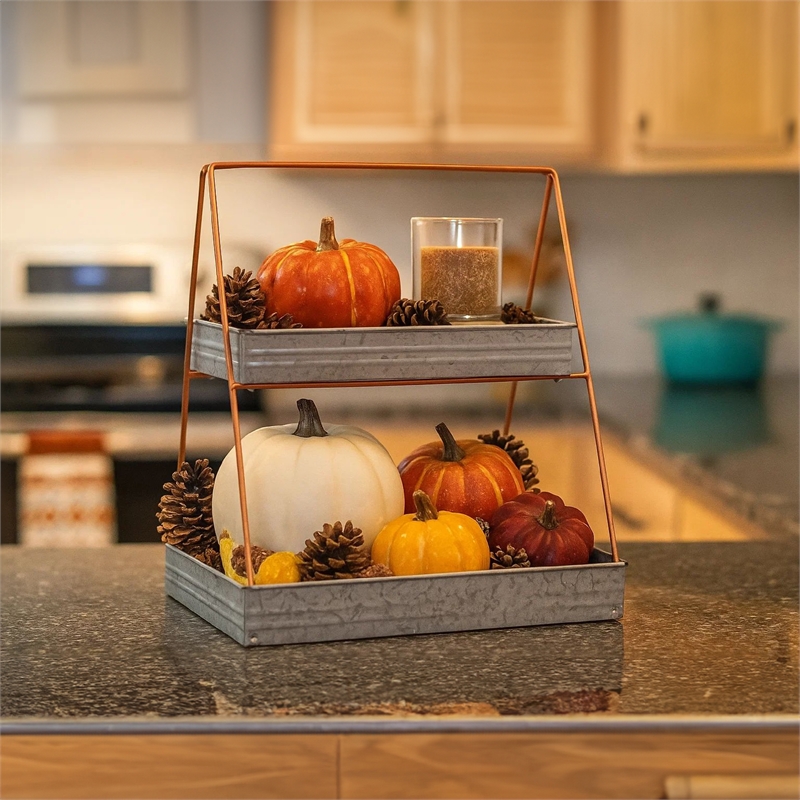 Benjara Galvanized Metal 2 Tiered Rectangular Serving Tray- Gray