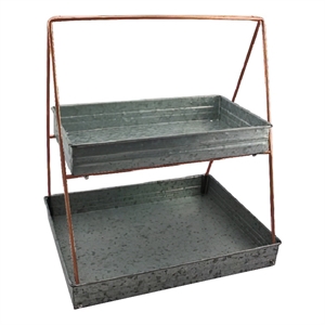 Benjara Galvanized Metal 2 Tiered Rectangular Serving Tray- Gray