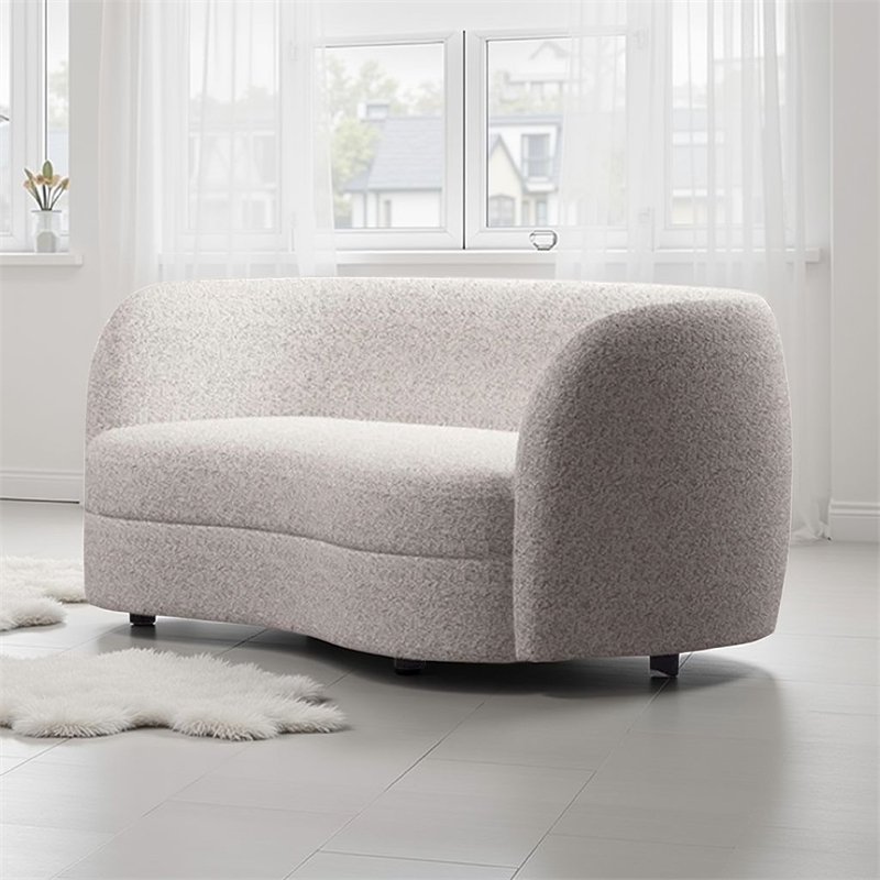 Benjara Srey 2pc Sofa and Loveseat Set- White Boucle- Curved Kidney Shape