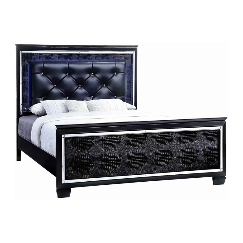 Benjara Kae 4 Pc California King Bedroom Set- LED & Mirror Trim- Textured- Black