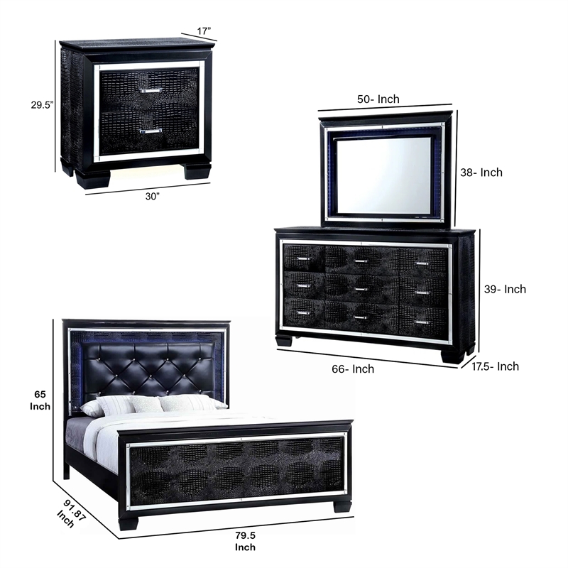 Benjara Kae 4 Pc California King Bedroom Set- LED & Mirror Trim- Textured- Black