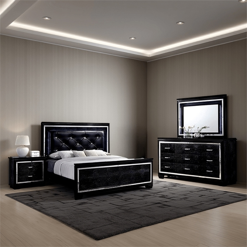 Benjara Kae 4 Pc California King Bedroom Set- LED & Mirror Trim- Textured- Black