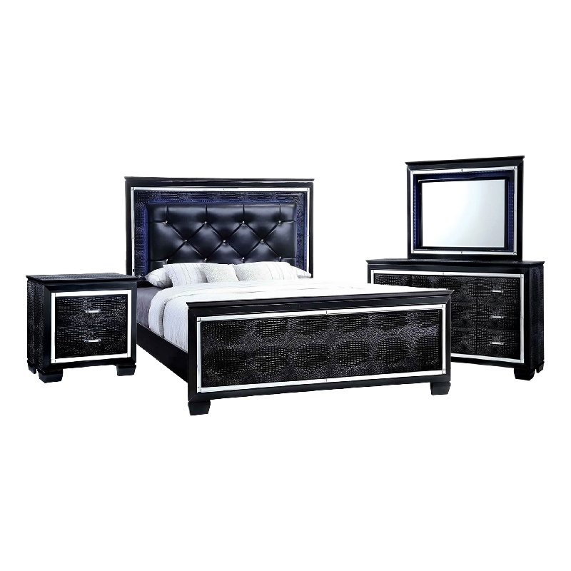 Benjara Kae 4 Pc California King Bedroom Set- LED & Mirror Trim- Textured- Black