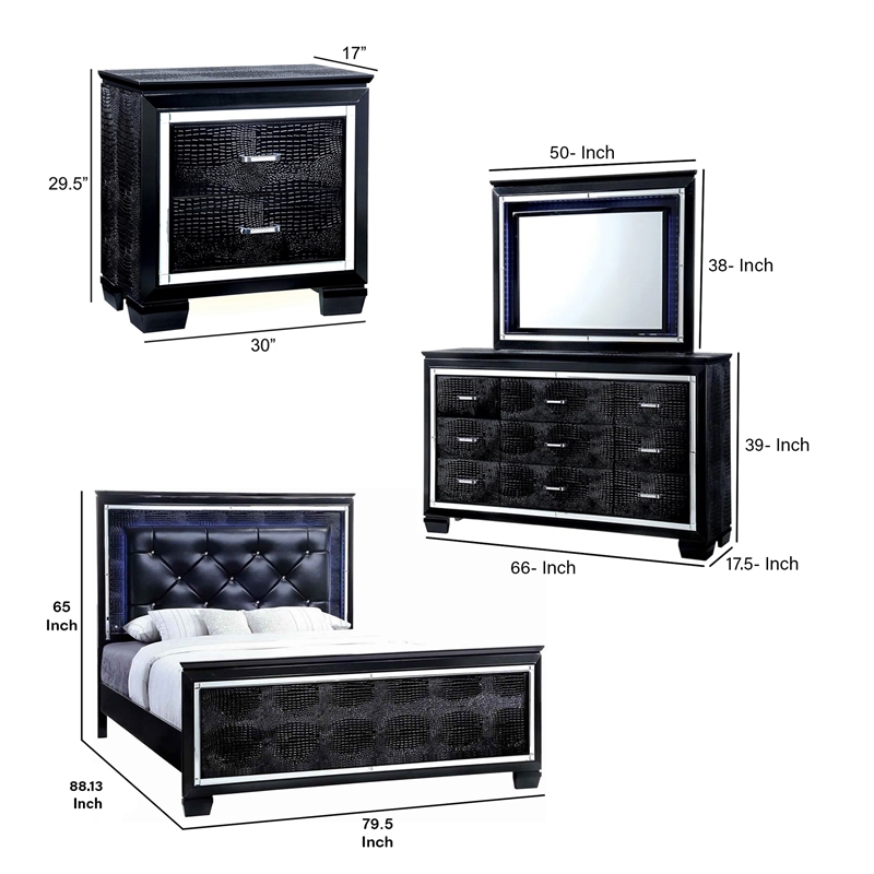 Benjara Kae 4 Piece King Bedroom Set- LED and Mirror Trim- Textured- Black