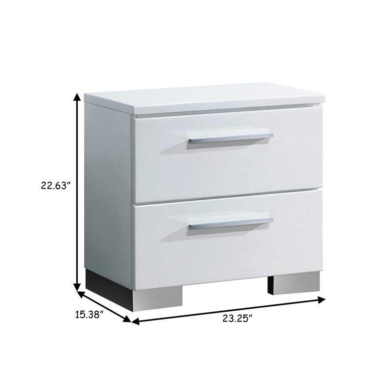 Benjara 2 Drawer Wooden Nightstand with Metal Pulls- Glossy White