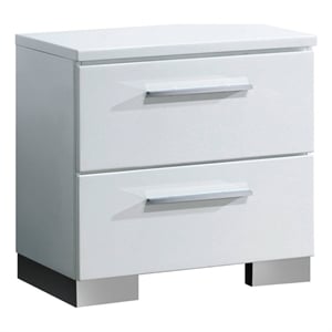 Benjara 2 Drawer Wooden Nightstand with Metal Pulls- Glossy White
