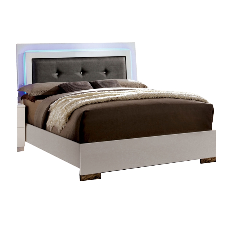 Benjara Luna 3 Pc Full Size Bedroom Set- LED Tufted Headboard and Glossy White