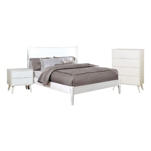 Benjara Bekor 3 Pc Full Size Bedroom Set- Mid-Century Modern Style- White Finish