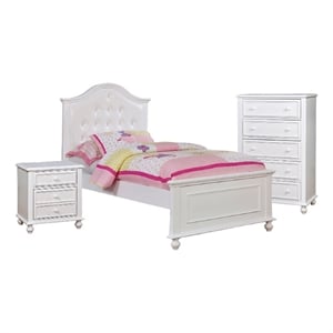 Benjara Aure 3 Pc Full Size Kids Bedroom Set- Curved Tufted Headboard- White