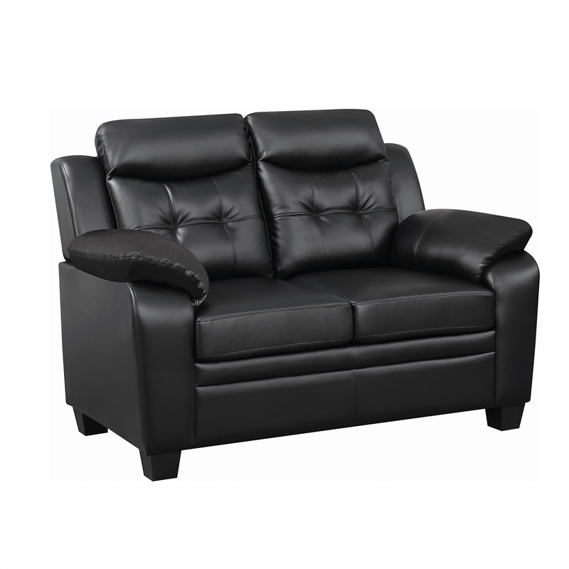 Benjara Contemporary Faux Leather & Wood Loveseat w/ Armrests - Rich Black
