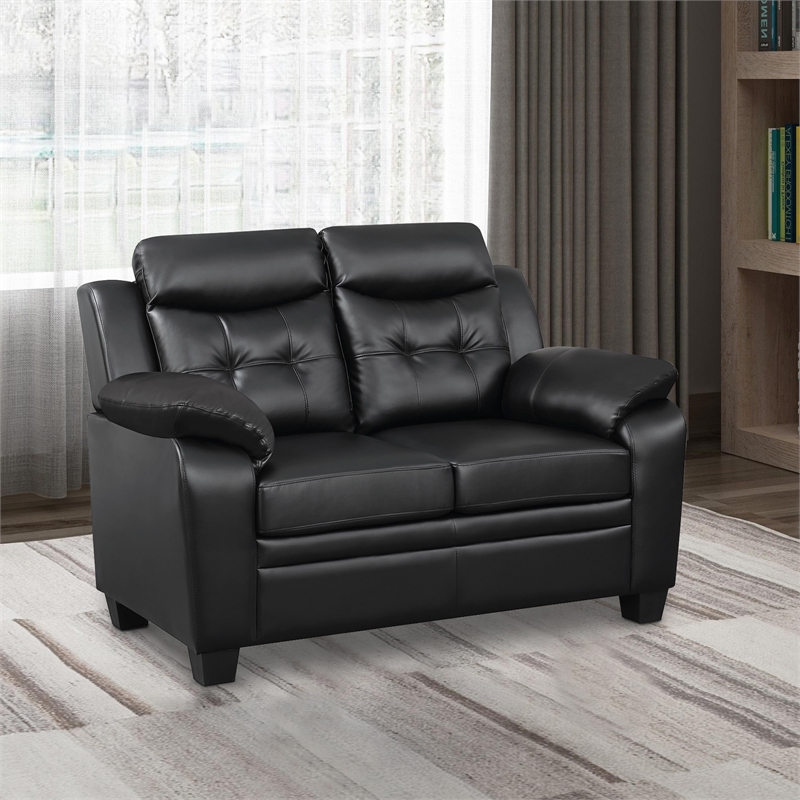 Benjara Contemporary Faux Leather & Wood Loveseat w/ Armrests - Rich Black