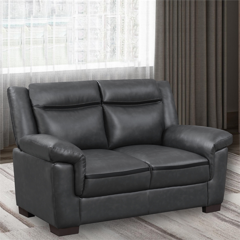 Benjara Contemporary Faux Leather & Wood Loveseat With Cushioned Armrests- Black
