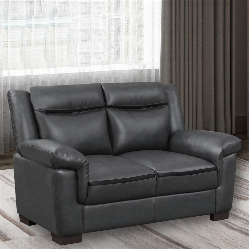 Benjara Contemporary Faux Leather & Wood Loveseat With Cushioned Armrests- Black