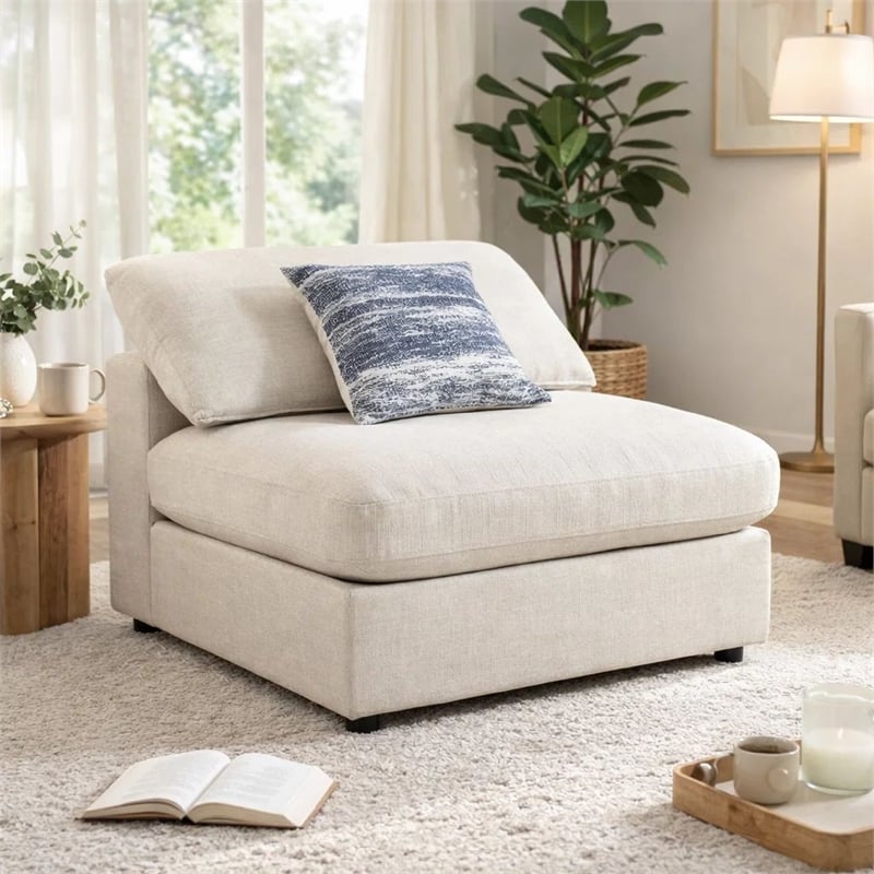 Benjara Upholstered Wooden Armless Chair w/ Loose Cushion Seat&Small Feet- Beige