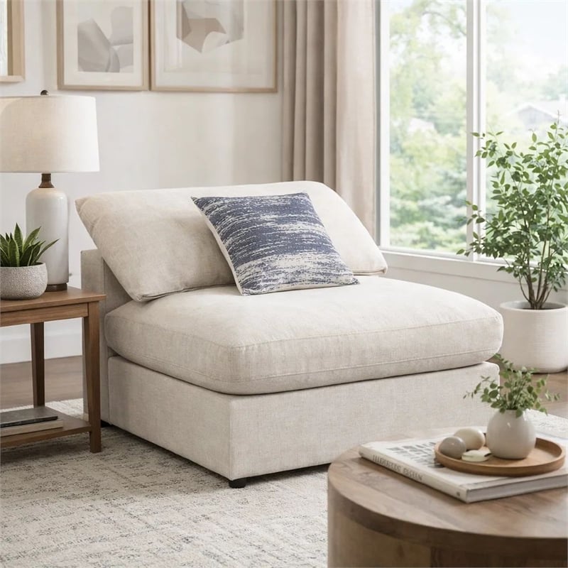 Benjara Upholstered Wooden Armless Chair w/ Loose Cushion Seat&Small Feet- Beige