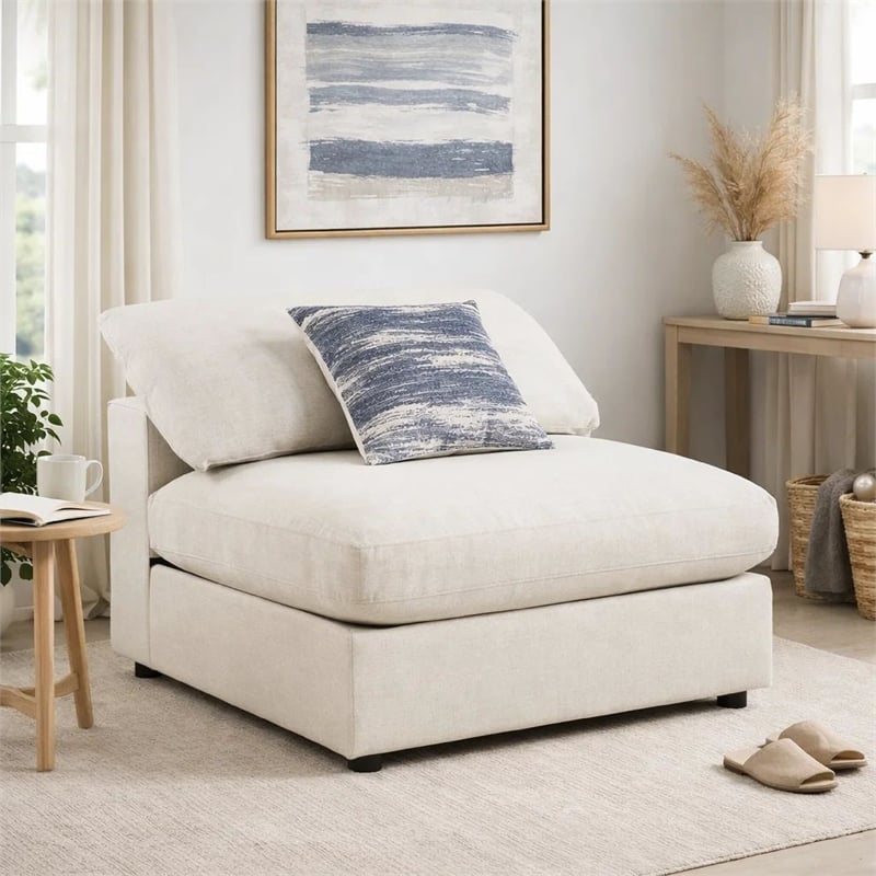 Benjara Upholstered Wooden Armless Chair w/ Loose Cushion Seat&Small Feet- Beige