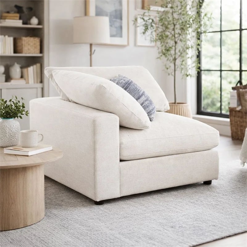 Benjara Upholstered Wooden Corner Chair w/ Loose Cushion Seat & Small Feet-Beige