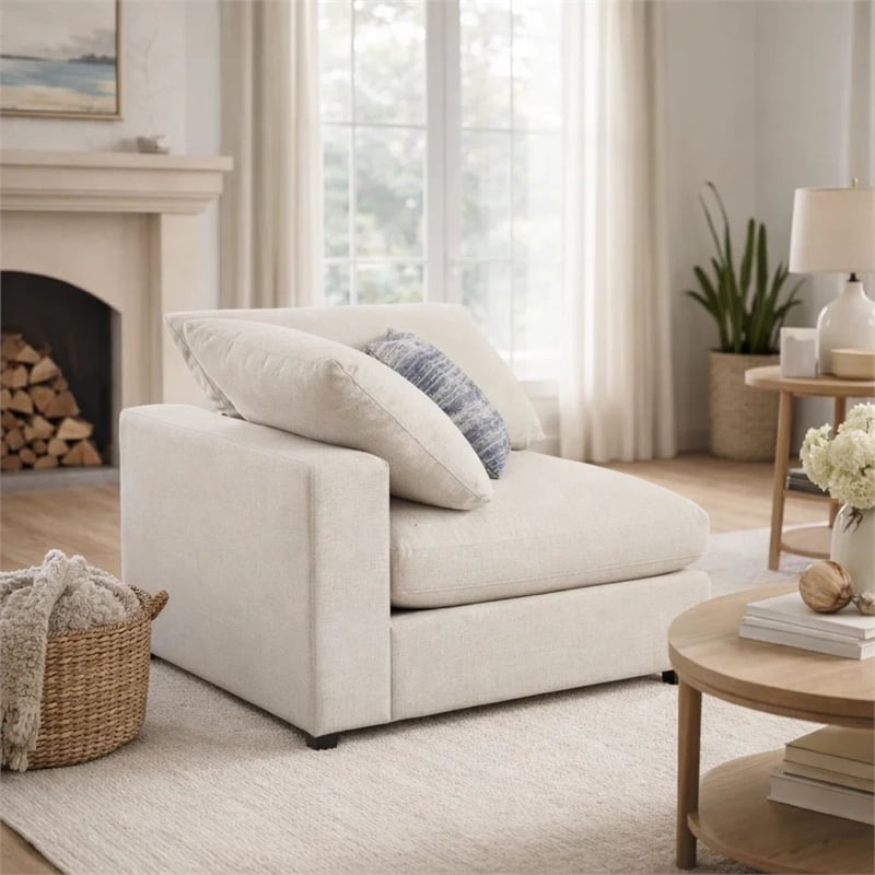Benjara Upholstered Wooden Corner Chair w/ Loose Cushion Seat & Small Feet-Beige