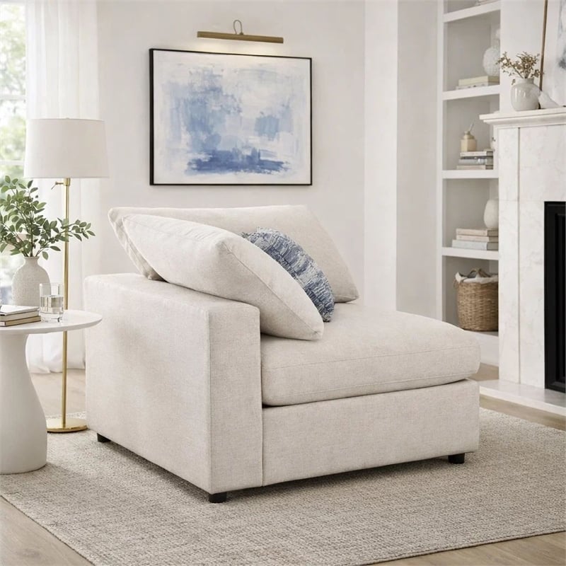 Benjara Upholstered Wooden Corner Chair w/ Loose Cushion Seat & Small Feet-Beige