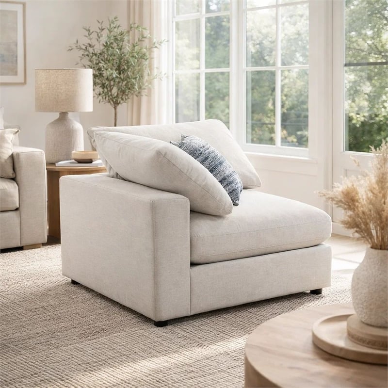 Benjara Upholstered Wooden Corner Chair w/ Loose Cushion Seat & Small Feet-Beige