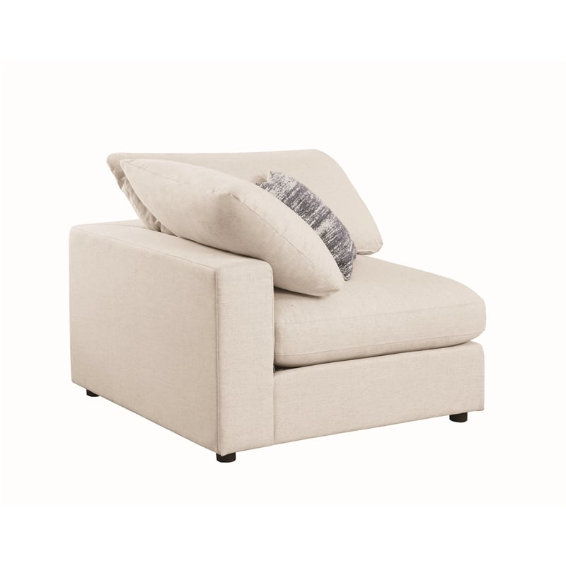 Benjara Upholstered Wooden Corner Chair w/ Loose Cushion Seat & Small Feet-Beige