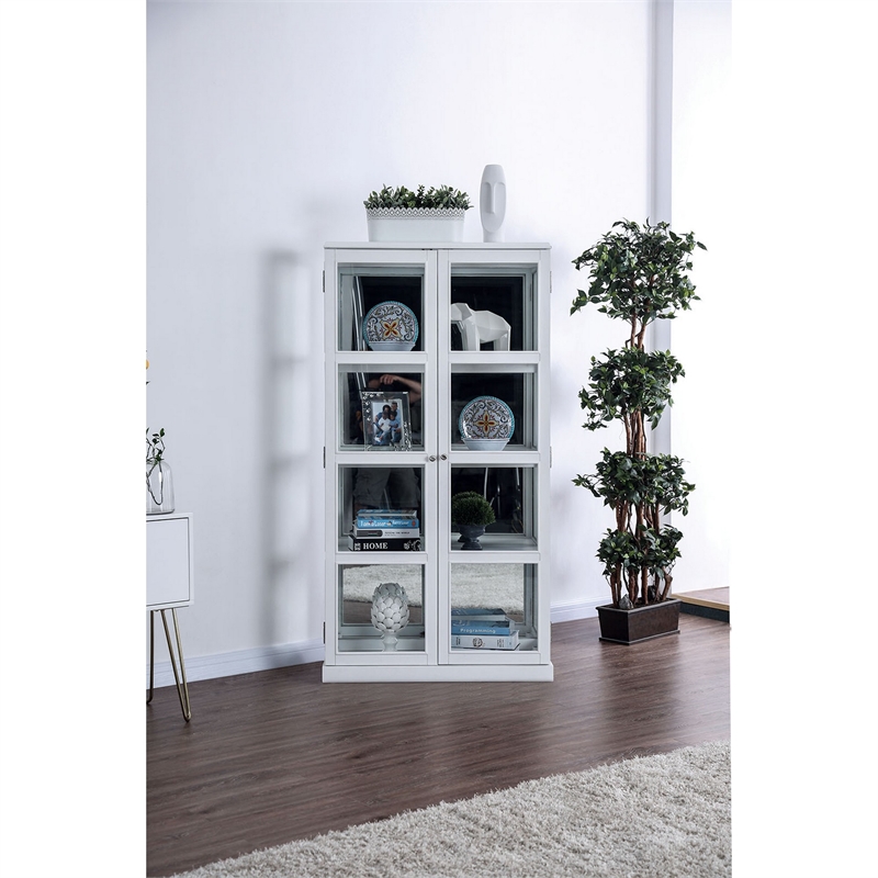 Benjara Wooden Curio Cabinet with 2 Glass Doors & Four Shelves- White