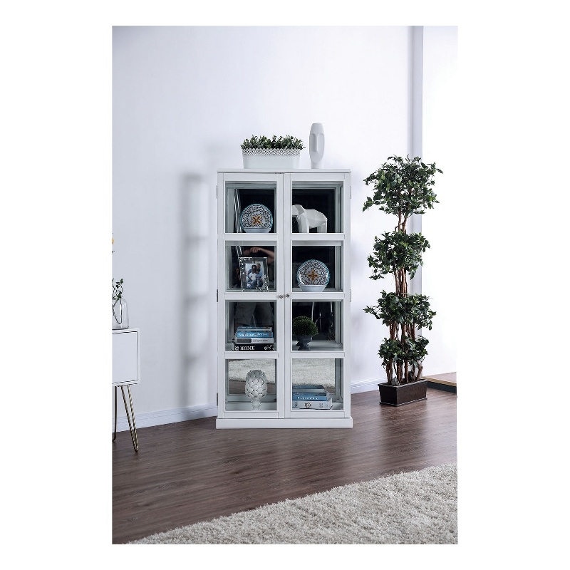 Benjara Wooden Curio Cabinet with 2 Glass Doors & Four Shelves- White