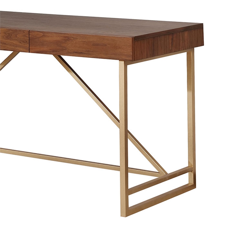 Benjara Wooden Writing Desk w/ Unique Metal Legs-Walnut Brown/Gold