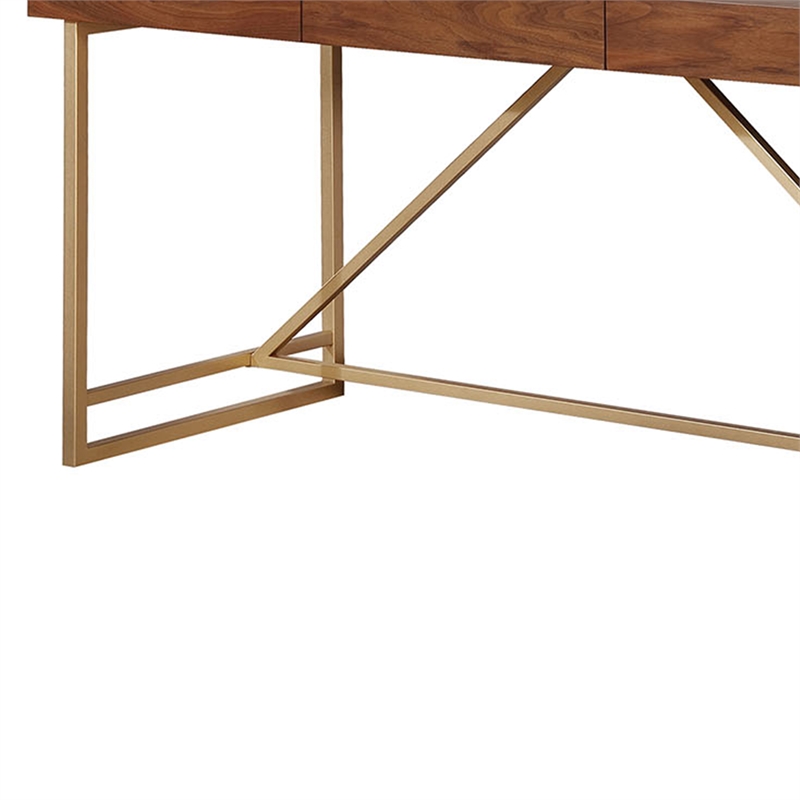 Benjara Wooden Writing Desk w/ Unique Metal Legs-Walnut Brown/Gold