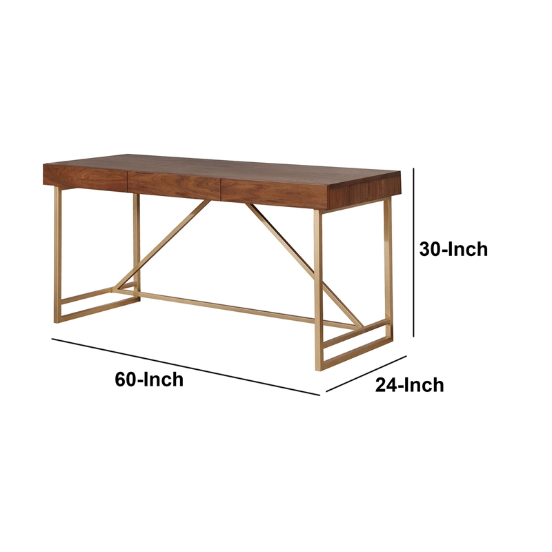 Benjara Wooden Writing Desk w/ Unique Metal Legs-Walnut Brown/Gold