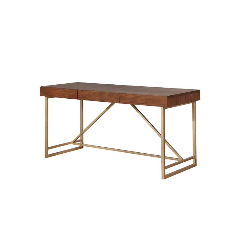 Benjara Wooden Writing Desk w/ Unique Metal Legs-Walnut Brown/Gold