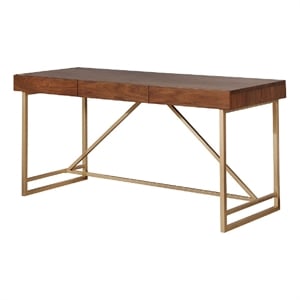 Benjara Wooden Writing Desk w/ Unique Metal Legs-Walnut Brown/Gold