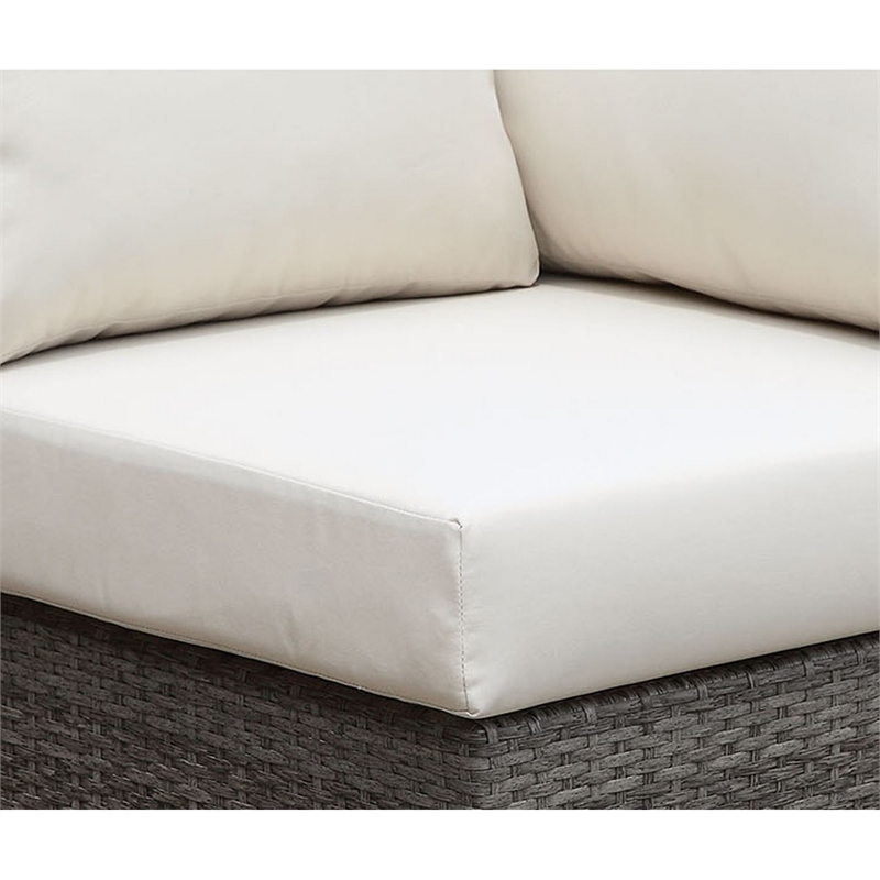 Benjara Faux Rattan Corner Chair with Seat & Back Cushions- Brown & White