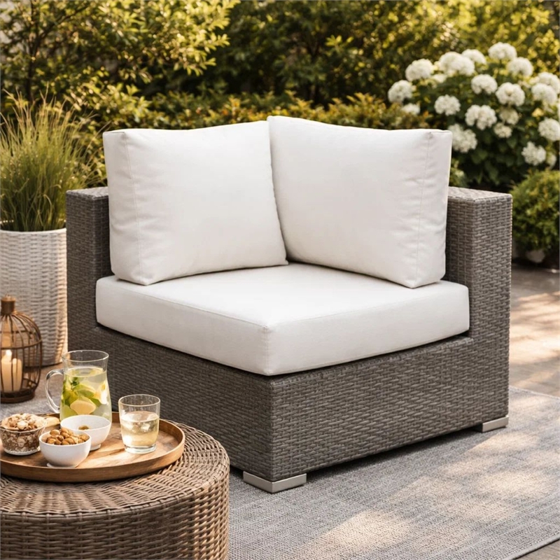 Benjara Faux Rattan Corner Chair with Seat & Back Cushions- Brown & White