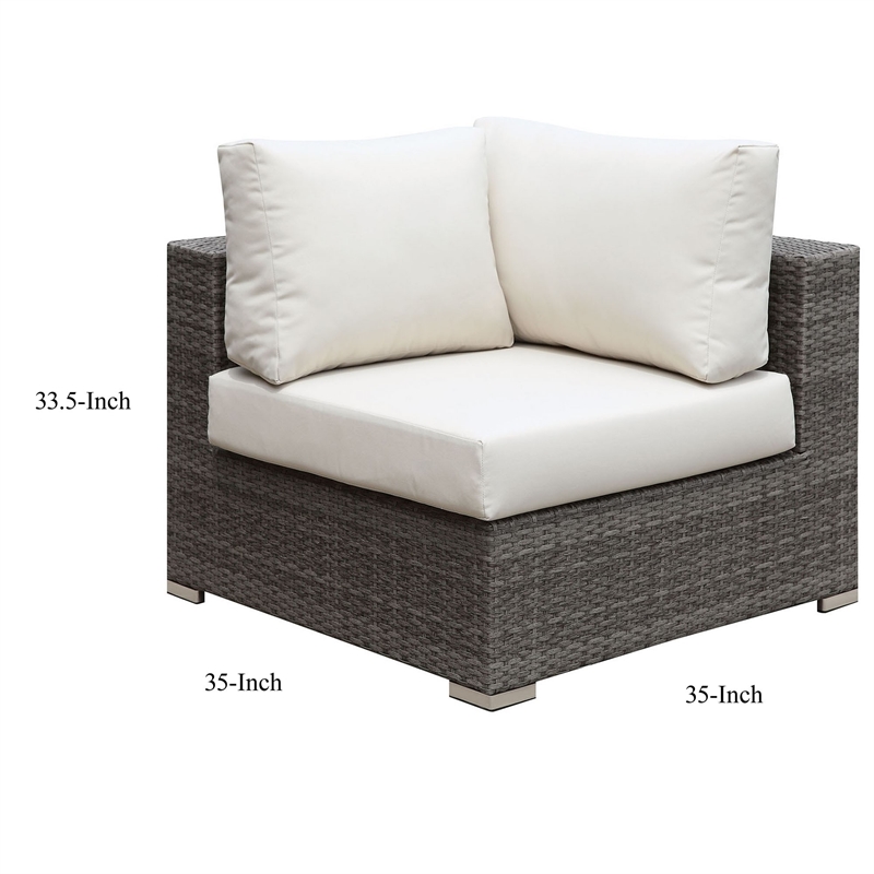 Benjara Faux Rattan Corner Chair with Seat & Back Cushions- Brown & White